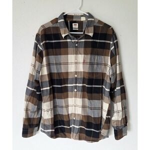 Levis Mens Flannel‎ Shirt XL Brown Plaid Classic Standard Fit Long Sleeve